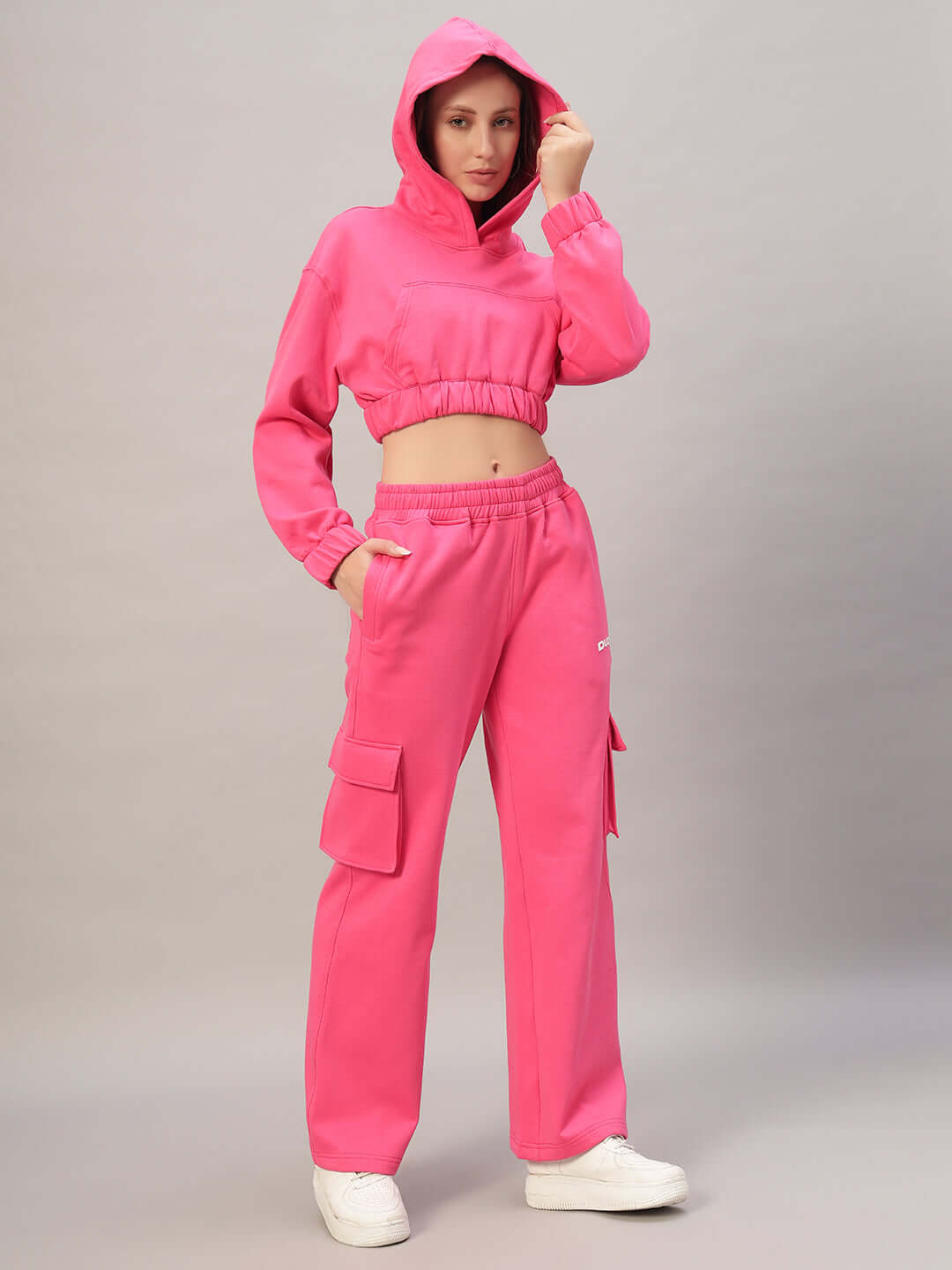 Women's charm colorblock fleece co-ord in pink, two-piece outfit with hooded top and cargo pants, stylish and comfortable design.