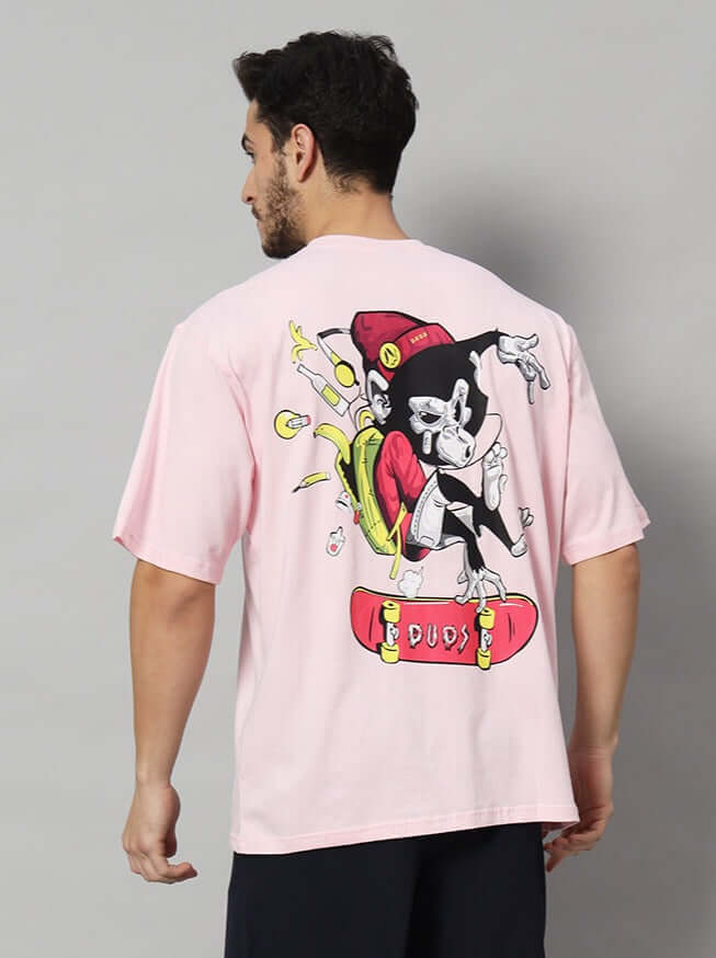 Back view of ROWDY APE OVER-SIZED T-SHIRT PINK featuring an illustrated design.