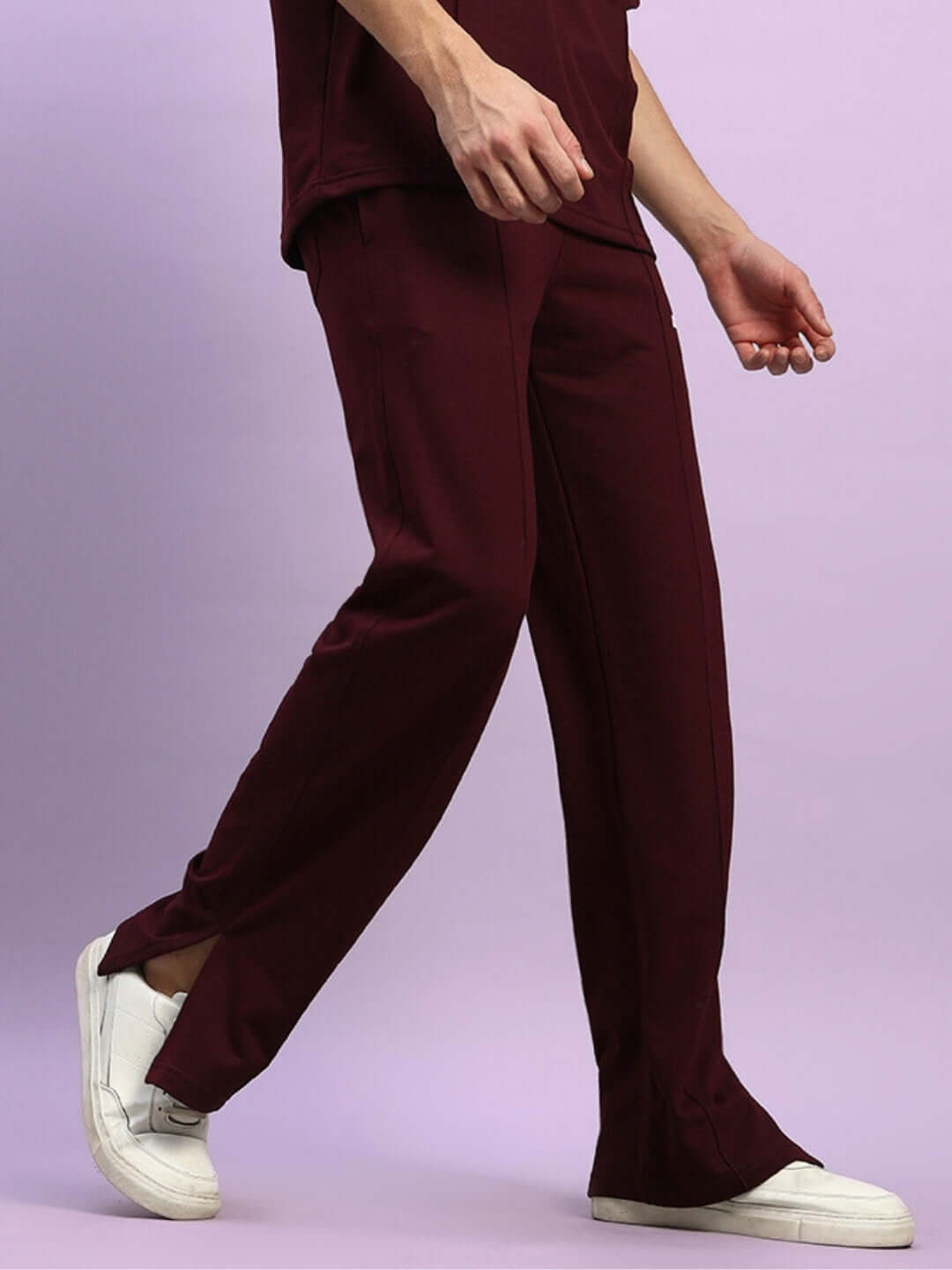 Zion side slit maroon joggers by DUDS, featuring a comfortable fit and customizable size options for a personalized touch.