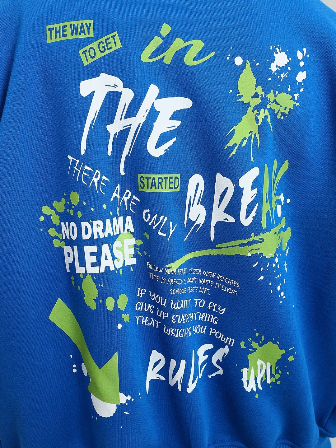 Blue "No Drama Please" hoodie with graphic design and motivational text print in various fonts and colors.