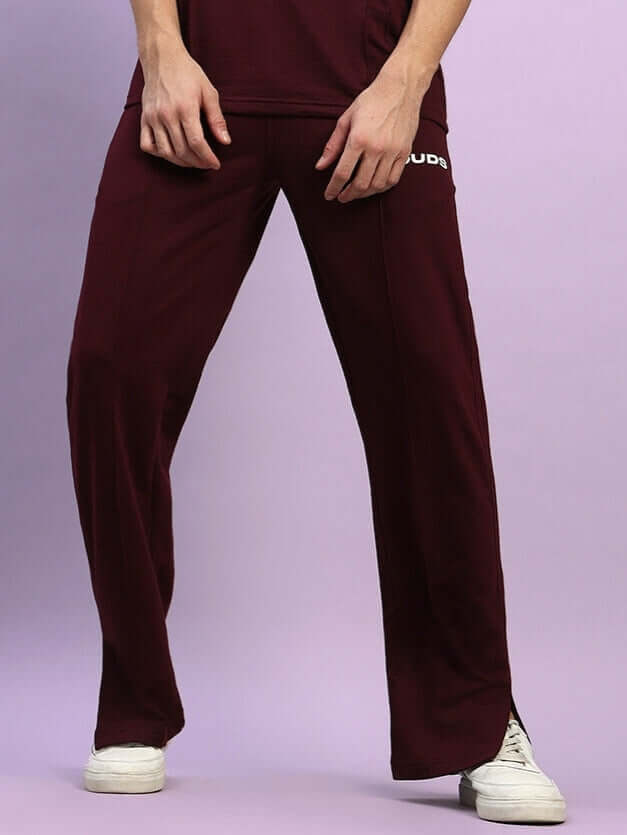 ZION Side Slit Joggers in maroon featuring custom fit option, perfect for style and comfort, crafted by experienced tailors at DUDS.