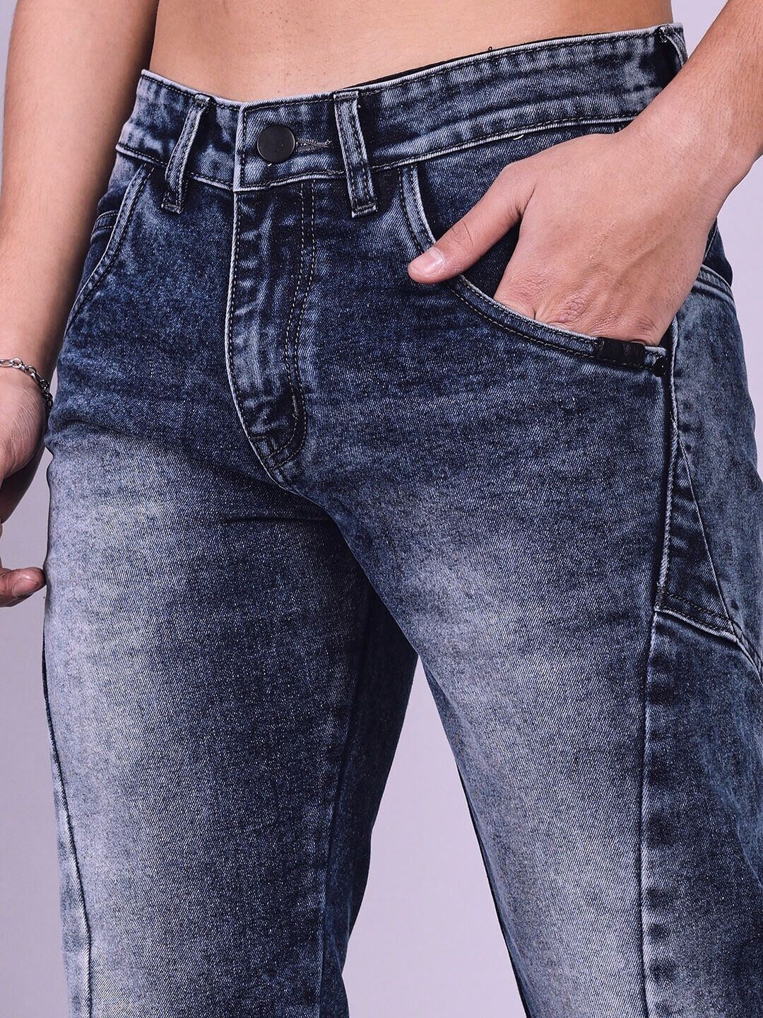 Close-up of Lapis Faded Regular Fit Denim Jeans in blue with classic style and faded wash.