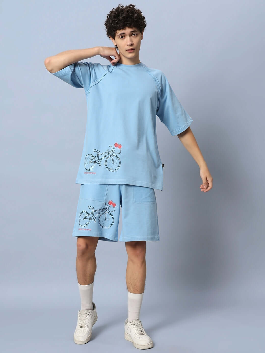 ENJOY THE RIDE PRINTED CO-ORD SET BLUE featuring bicycle print, made with premium heavy gauge fabric, 97% cotton French terry lycra.