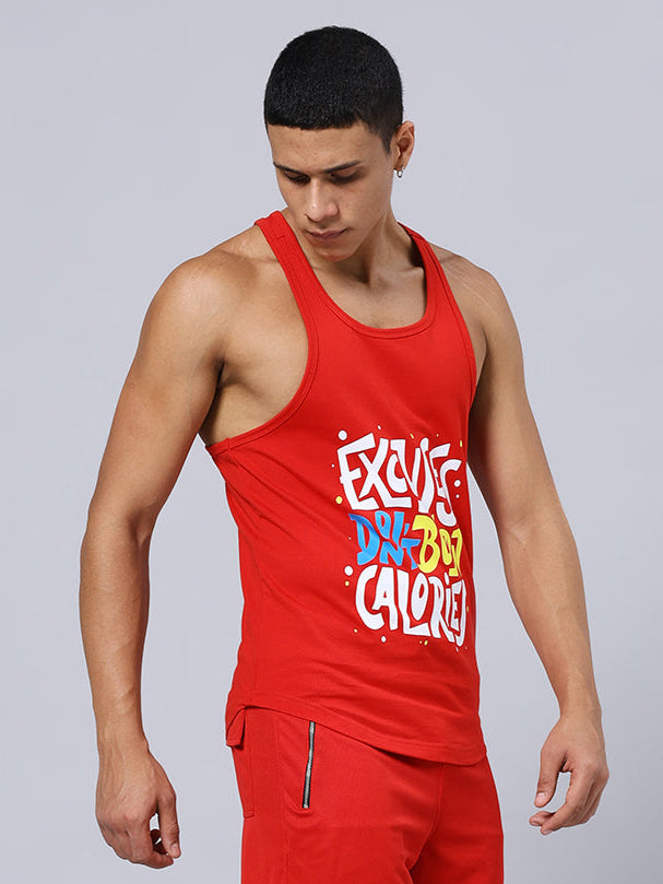 EXCUSES DON'T BURN CALORIES PRINTED GYM T-SHIRT (RED)