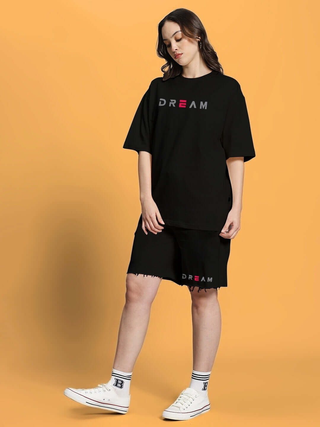 Women's Fancy Dream Co-ord Set in Black featuring premium cotton fabric, styled with sneakers. Ideal for casual wear.