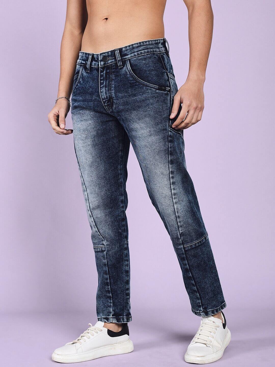 Model wearing LAPIS faded regular fit blue denim jeans, showcasing stylish casual fashion.