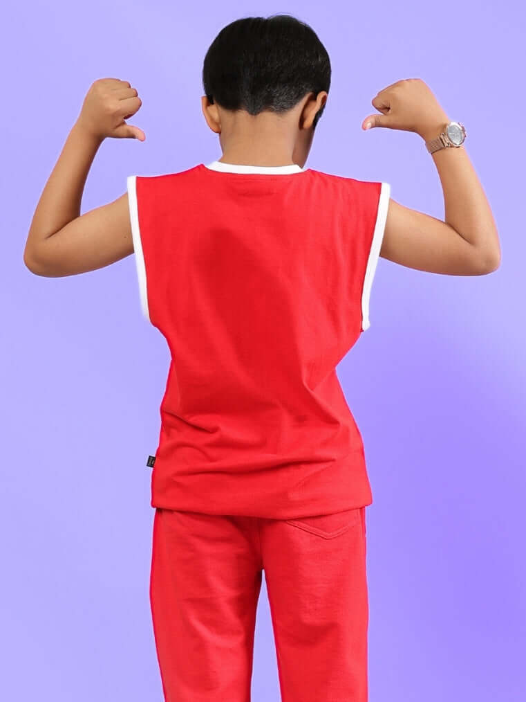 Child wearing red Shortfin T-shirt, custom fit option available, perfect for boys and girls, high-quality tailor-made design by DUDS.