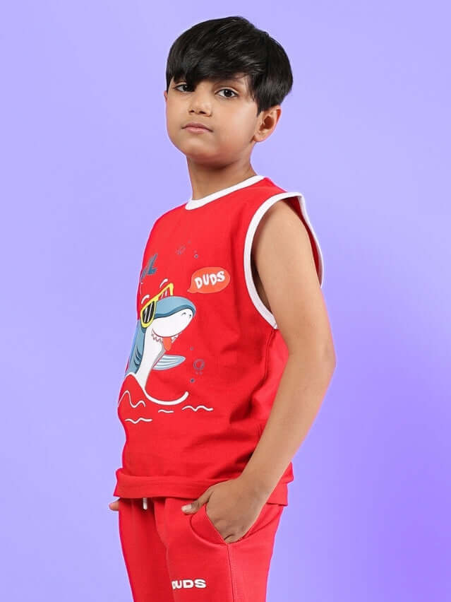 Red Shortfin T-Shirt for Boys & Girls by DUDS, featuring a playful shark design. Custom fit available for prepaid orders. Made to order.