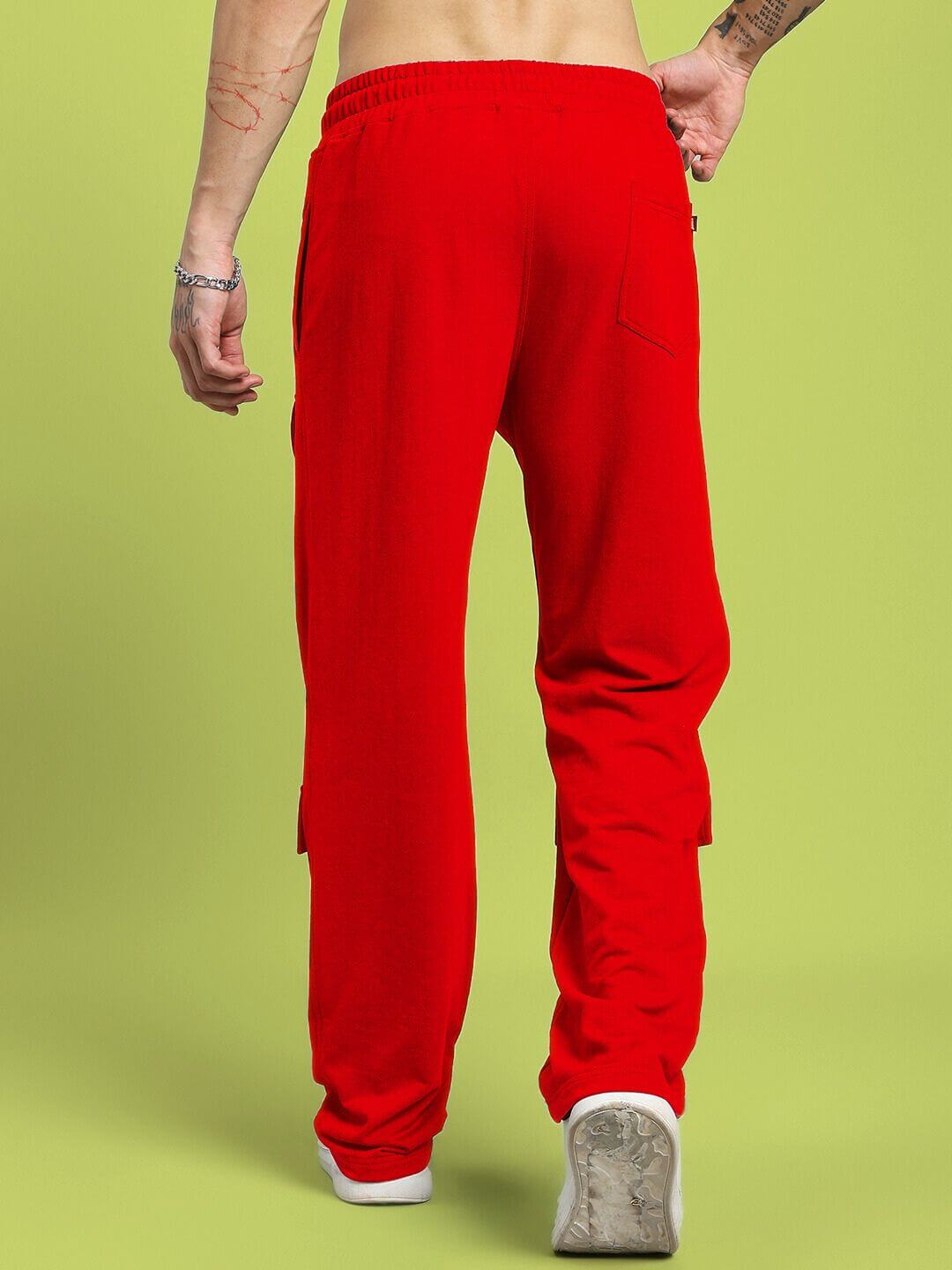 Rear view of a red awesome flap pocket baggy jogger, showcasing relaxed fit and stylish design, suitable for custom sizing.