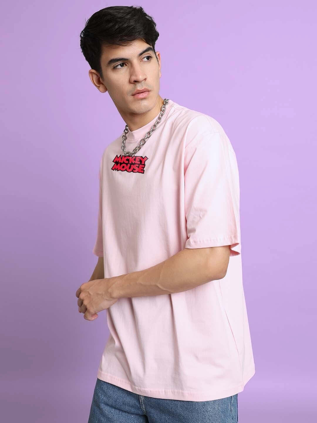 DUDS MOUSE OVER-SIZED T-SHIRT PINK worn by model, featuring custom fit option for personalized size, available for prepaid orders only.