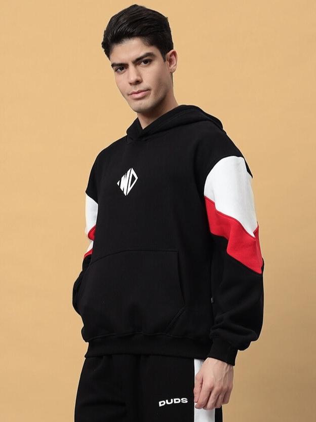 Men's BRIO Fleece Colorblock Hoodie in Black with red and white accents, styled in a comfortable fit for casual wear.