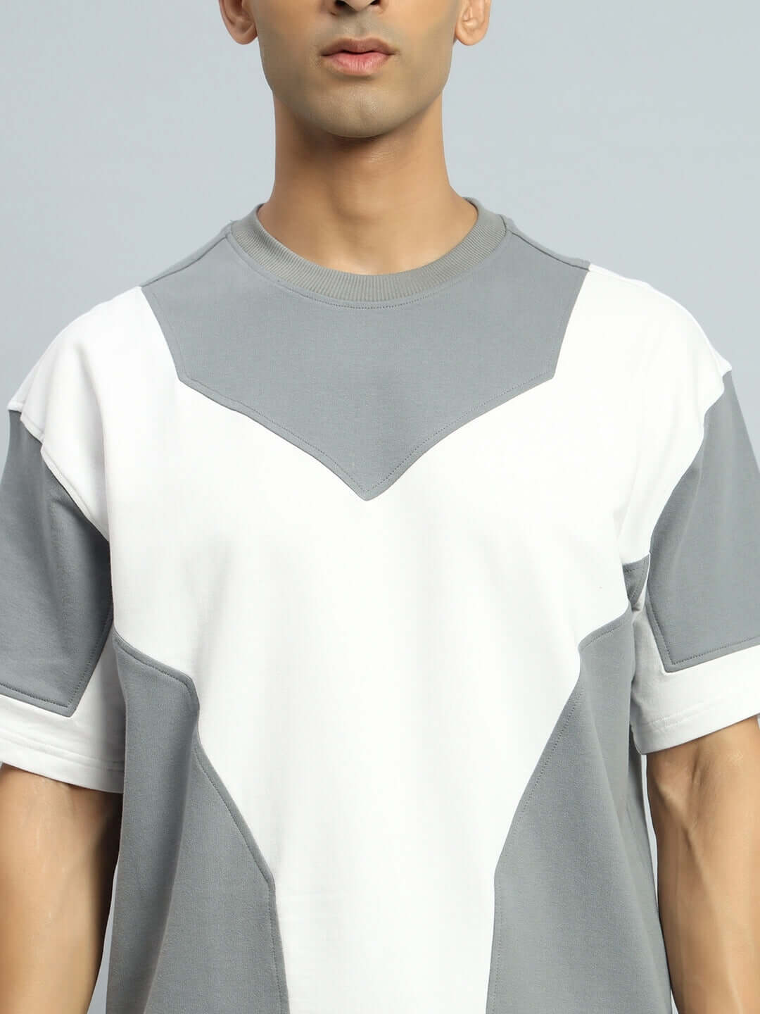 SPHERE OVER-SIZED T-SHIRT GREY WHITE in premium heavy gauge fabric, featuring 97% premium cotton French terry and 3% elastane.