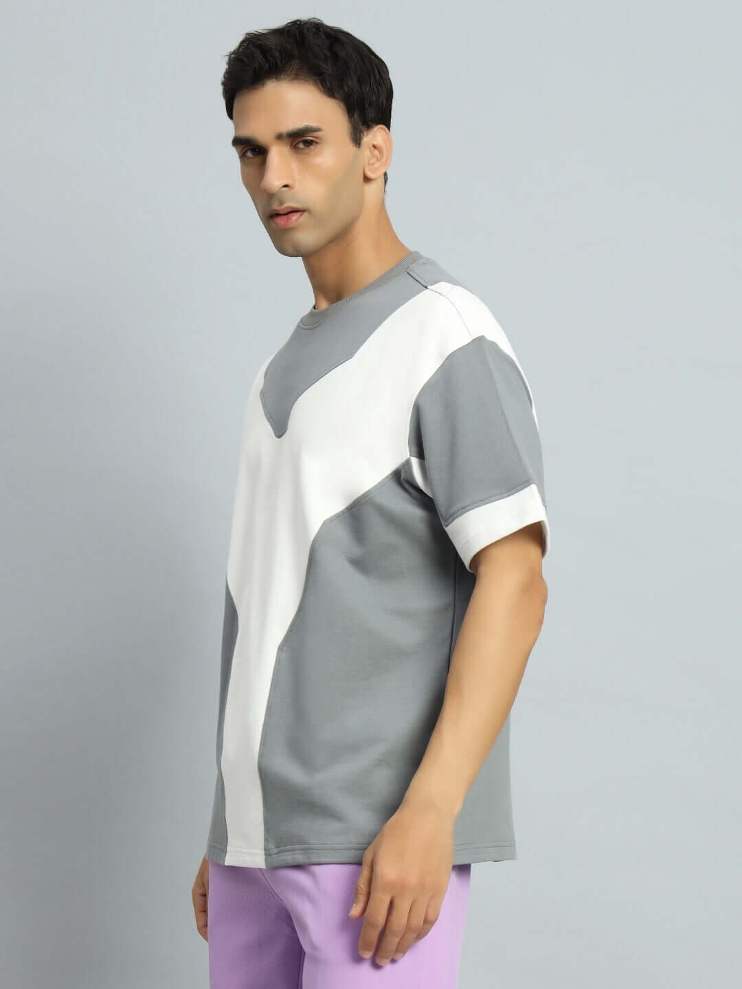SPHERE OVER-SIZED T-SHIRT GREY WHITE on model, showcasing premium heavy gauge fabric, 97% cotton, 3% elastane.