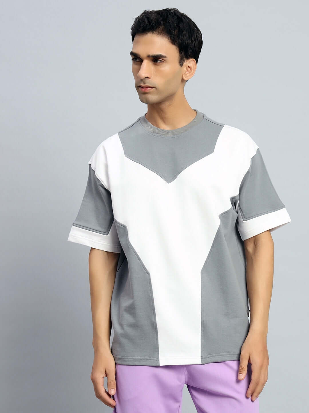 SPHERE OVER-SIZED T-SHIRT GREY WHITE, premium heavy gauge fabric, 97% cotton, styled on model, modern casual wear, comfortable fit