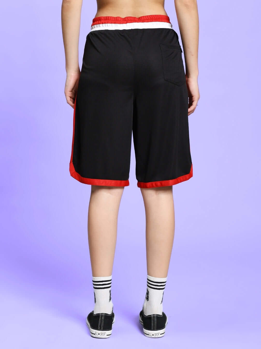 Back view of Women's Portia Regular Fit Shorts in black with red trim, showcasing customized fit option.