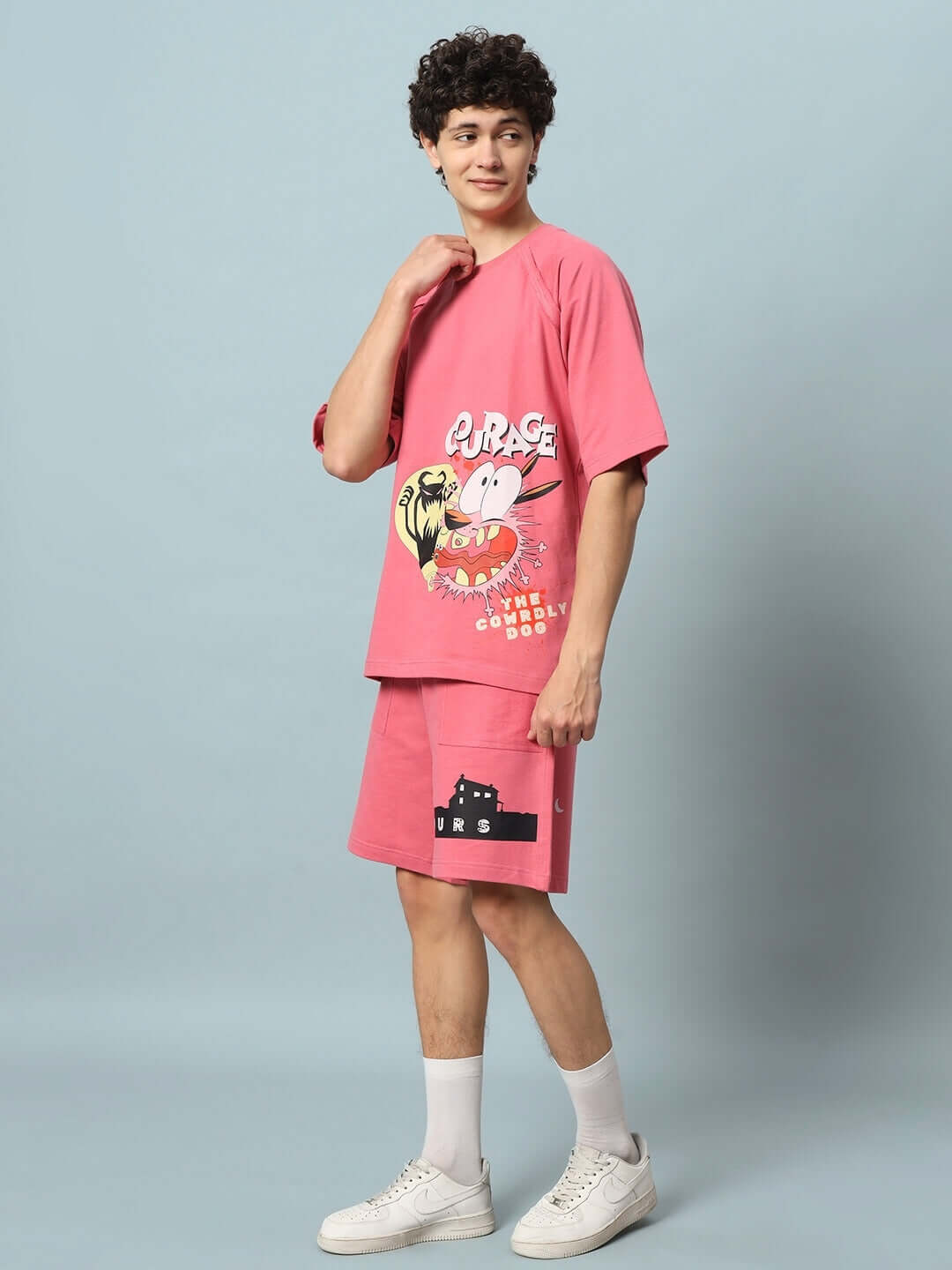 Model wearing COURAGE PRINT COTTON CO-ORD SET PINK, featuring premium cotton French terry fabric, bio-washed for comfort and style.