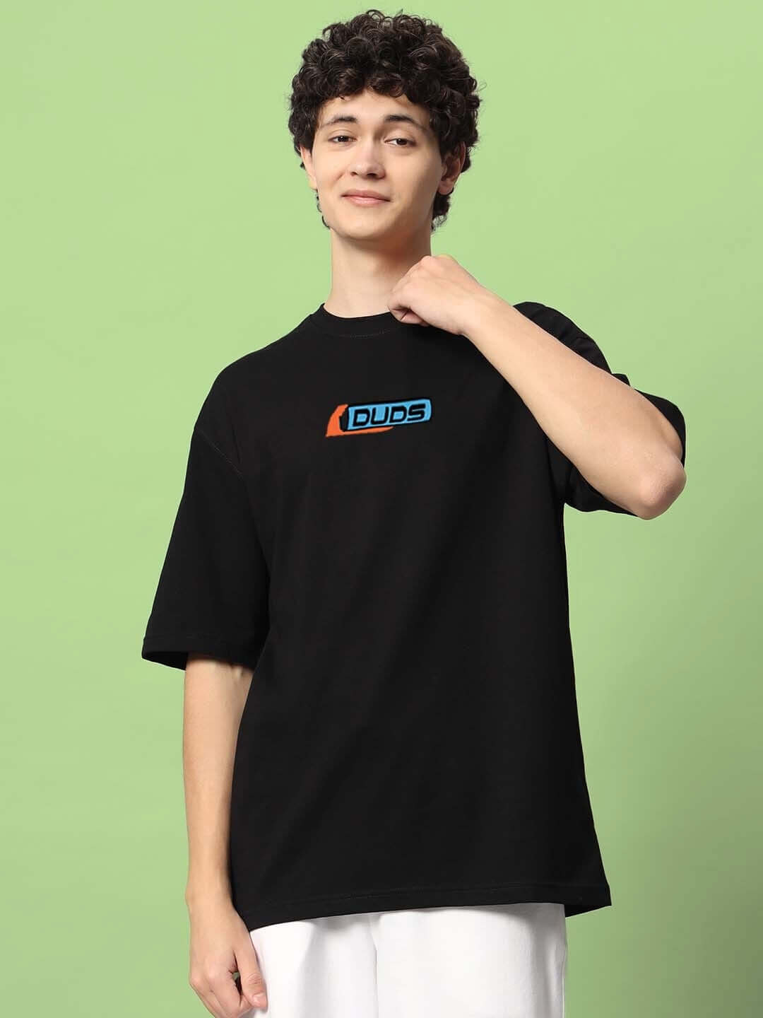 Model wearing ROBO SHARK OVER-SIZED T-SHIRT BLACK made from premium heavy gauge fabric with French Terry cotton and elastane blend.