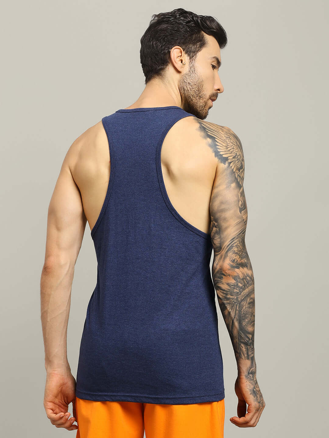Man wearing ZEMPA FITNESS GYM T-SHIRT BLUE shown from the back; ideal for custom fit and customization options.