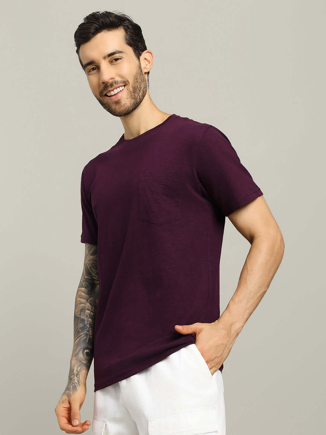Model wearing JOY Regular Fit T-Shirt in purple, made from premium 100% cotton slub, perfect for casual wear, by Color By Colours.