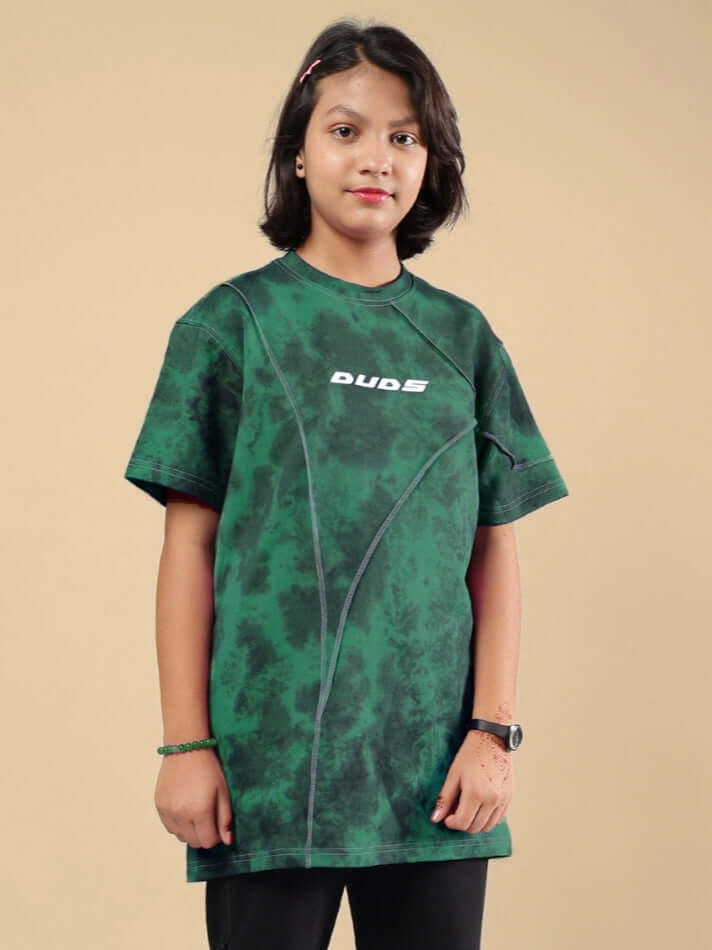 Child wearing green Ghost Rider tie-dye t-shirt from DUDS, short-sleeved, made to order by skilled tailors, available in custom fit