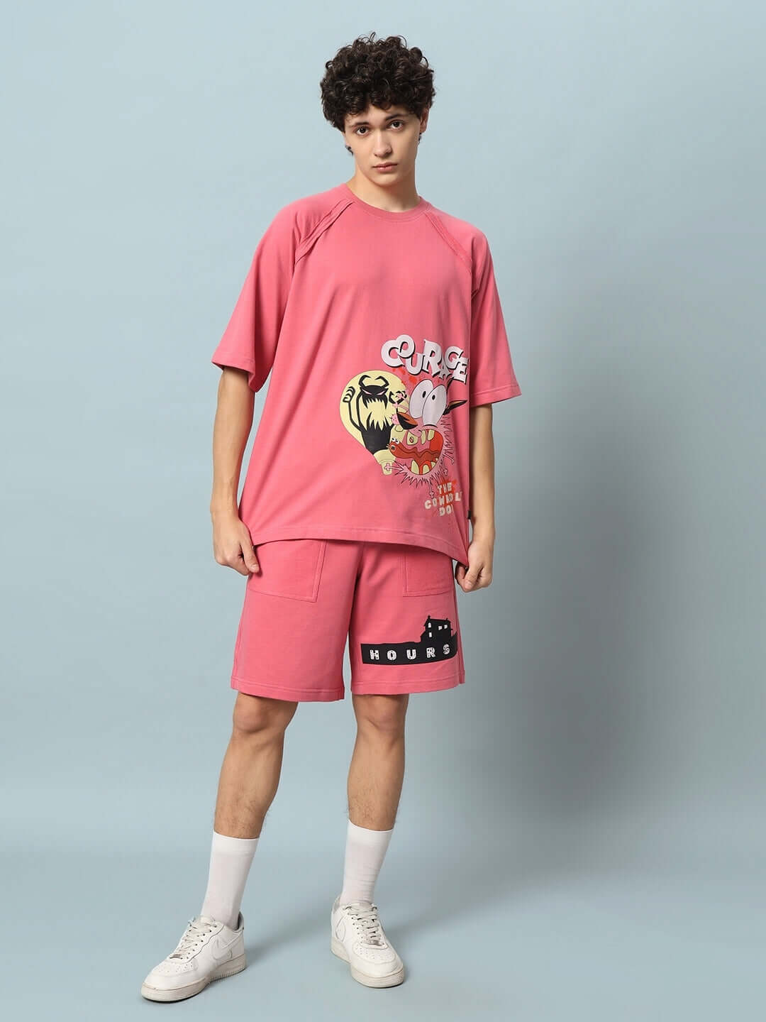 Man wearing COURAGE PRINT COTTON CO-ORD SET PINK, premium cotton blend outfit with unique print design, showcasing casual streetwear style.