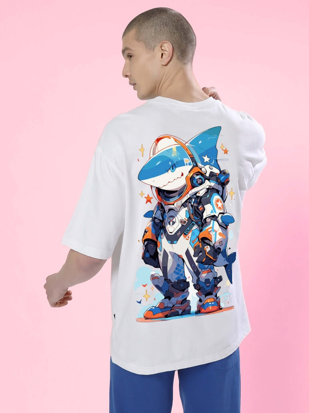Man wearing ROBO SHARK OVER-SIZED T-SHIRT WHITE with graphic design on back