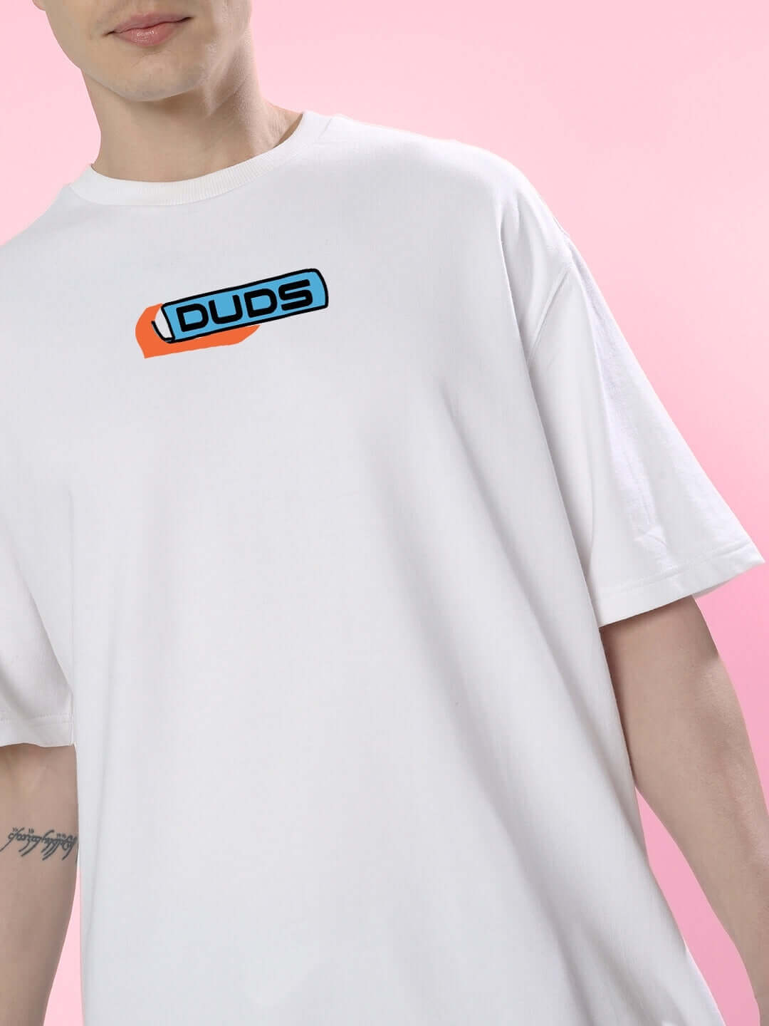 ROBO SHARK OVER-SIZED T-SHIRT WHITE with premium cotton blend on model against pink background