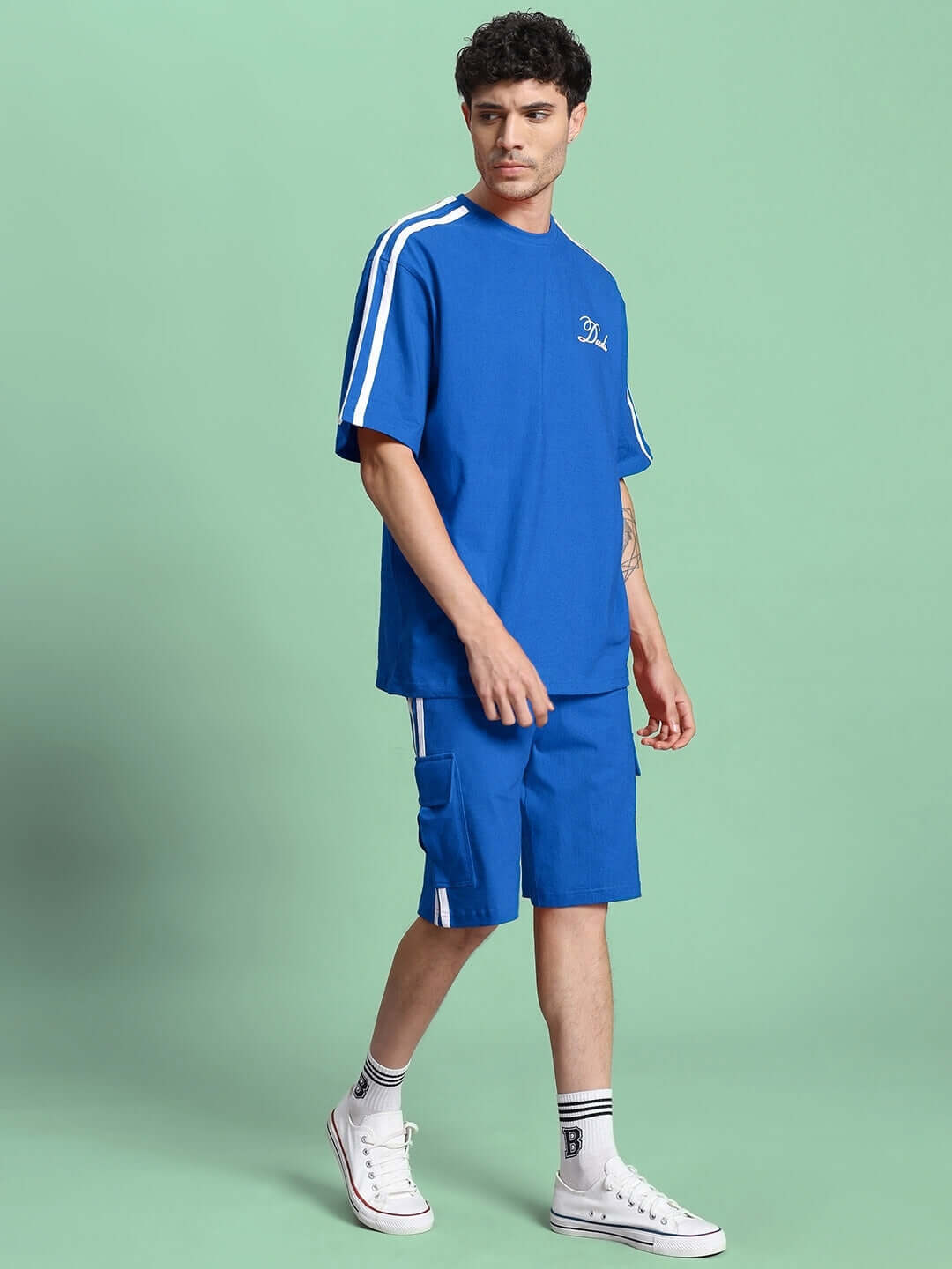 Model wearing Scotia Summer Co-Ord Set in blue, featuring premium cotton French Terry Lycra fabric, perfect for casual summer looks.