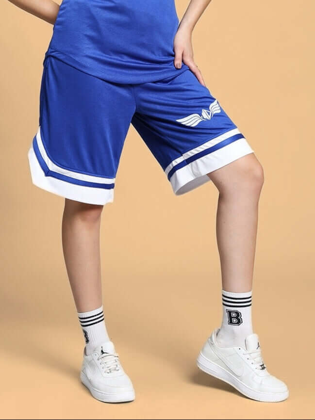 Women's WD Wings regular fit royal blue shorts with custom fit option, shown being worn by a model, stylish and comfortable design.
