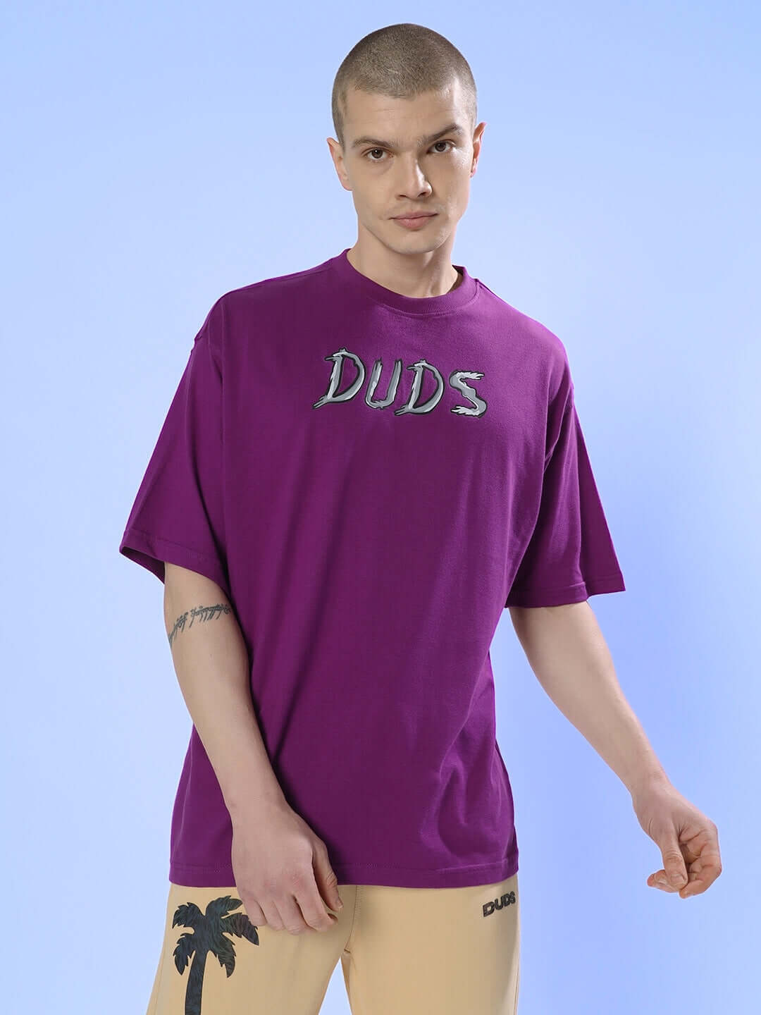 Model wearing Positive Rabbit Over-Sized T-Shirt Purple with playful vibes and rabbit graphic.