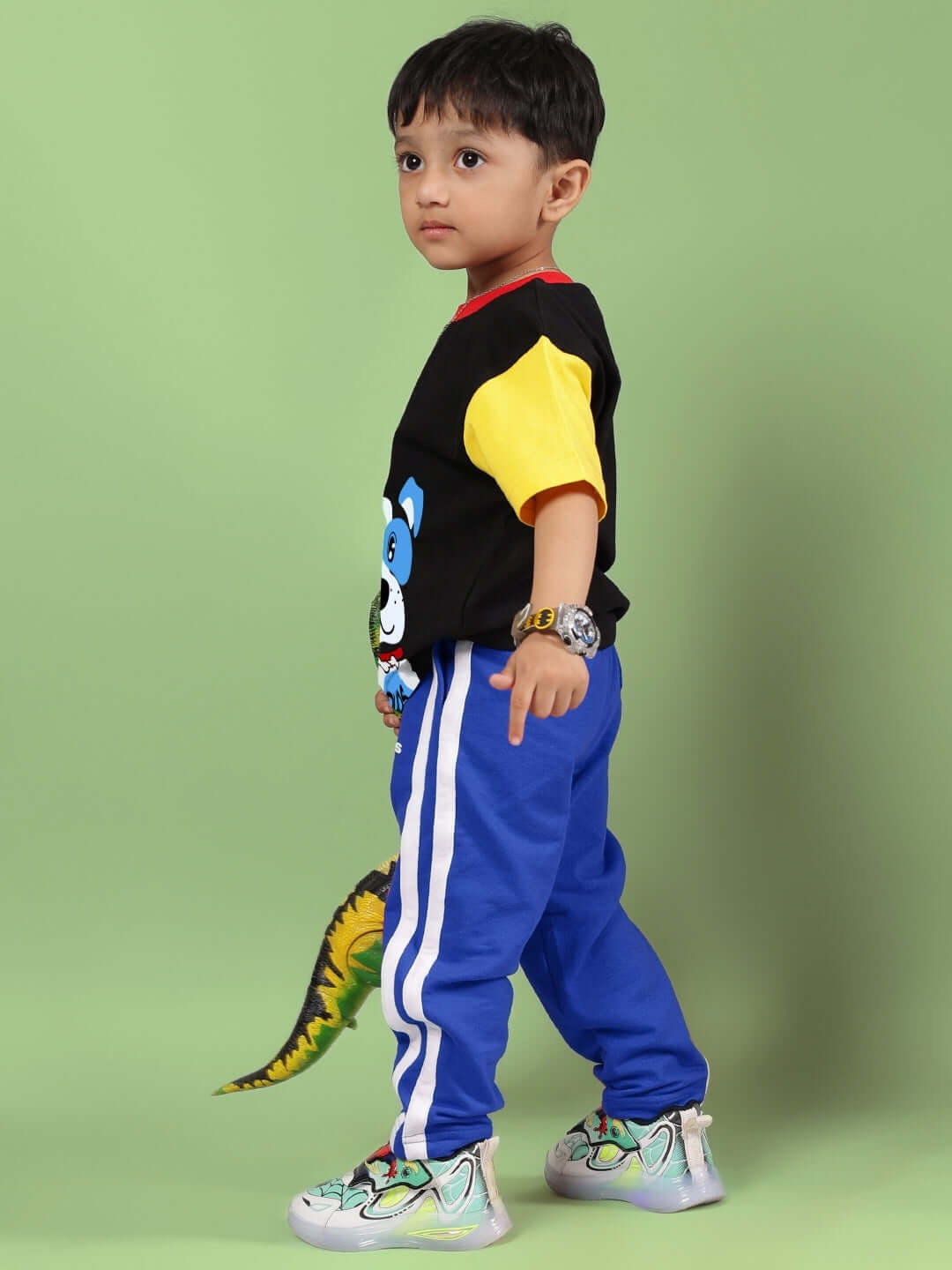 Colorful puppy dog printed co-ord set for kids in black and blue, featuring vibrant stripes and playful design.