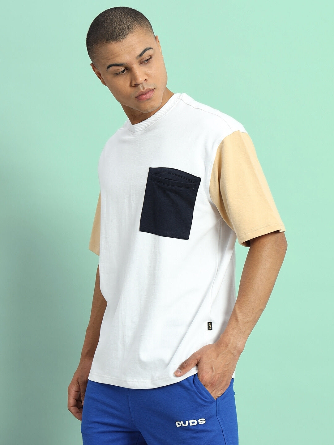 FRESCO COLOR BLOCKED OVERSIZED T-SHIRT WHITE BEIGE with premium heavy gauge fabric and stylish design, perfect for trendy fashion.