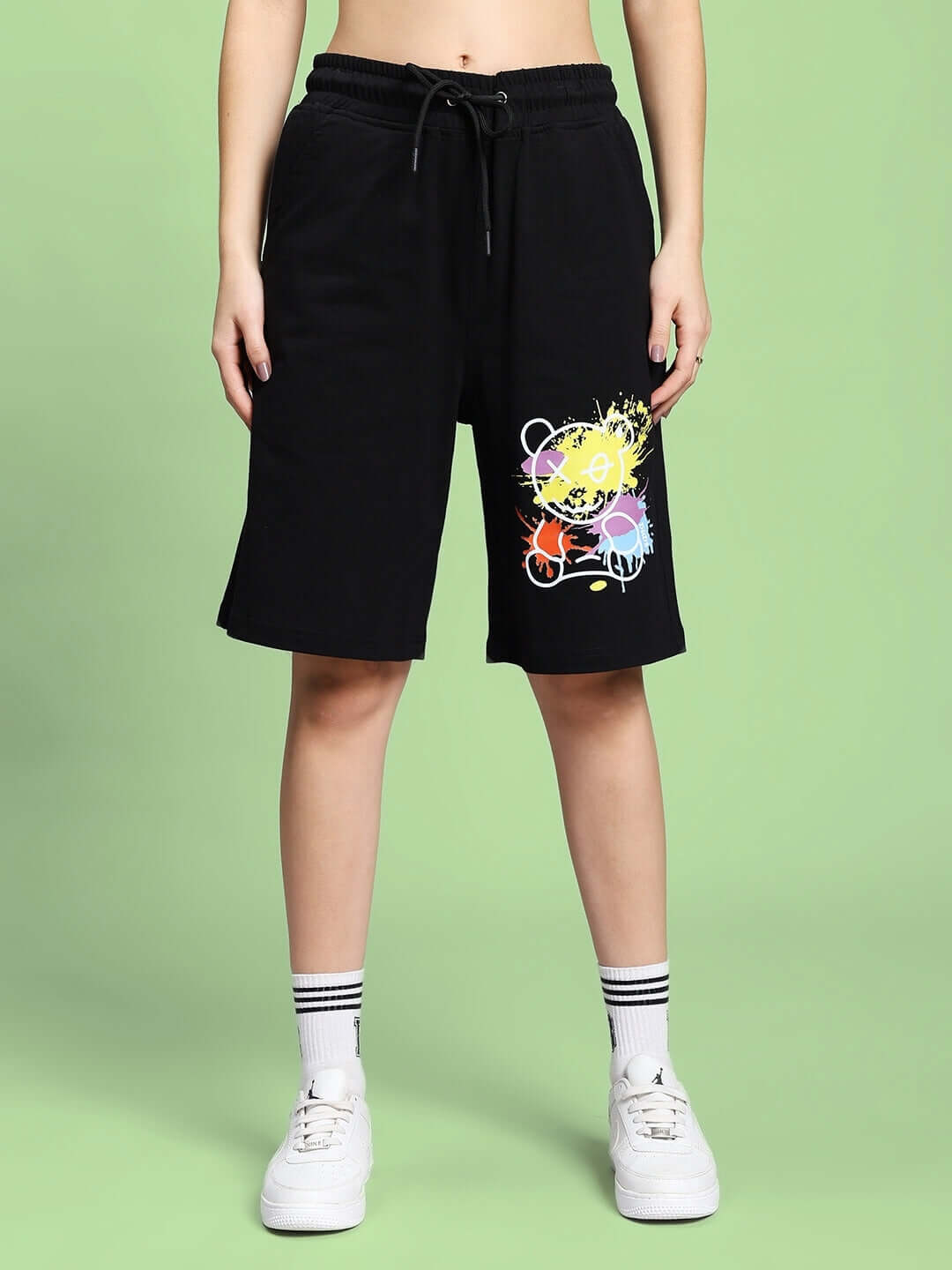 Women's black shorts with colorful abstract design, part of the Be Kind Summer Co-Ord Set. Made from premium cotton blend fabric.