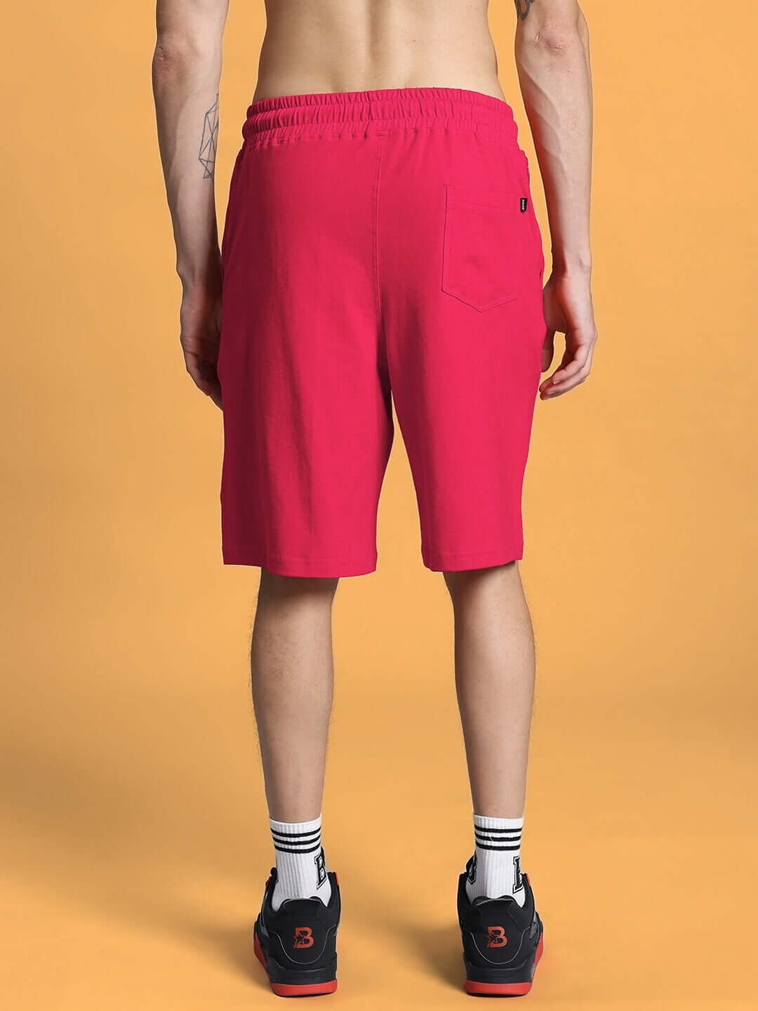 Back view of CHERRY BLOSSOM SUMMER CO-ORD SET BLACK PINK, premium cotton shorts for casual wear.