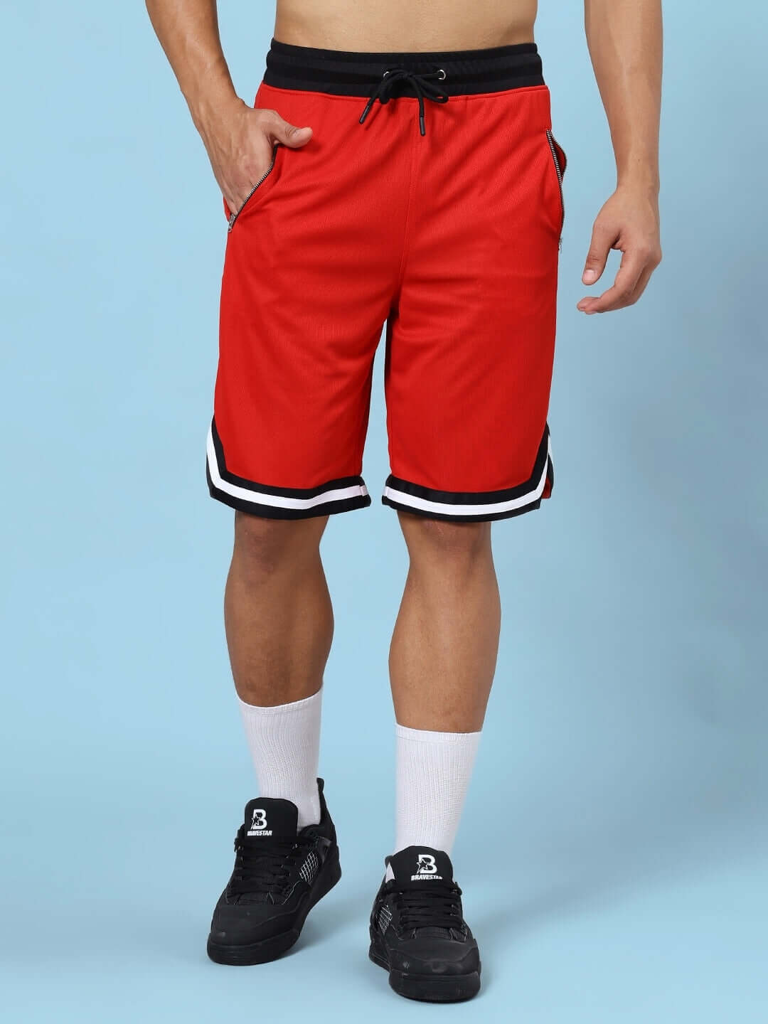 Red gym shorts for men, featuring sports polyester fabric with black and white accents, designed for fitness and active wear.
