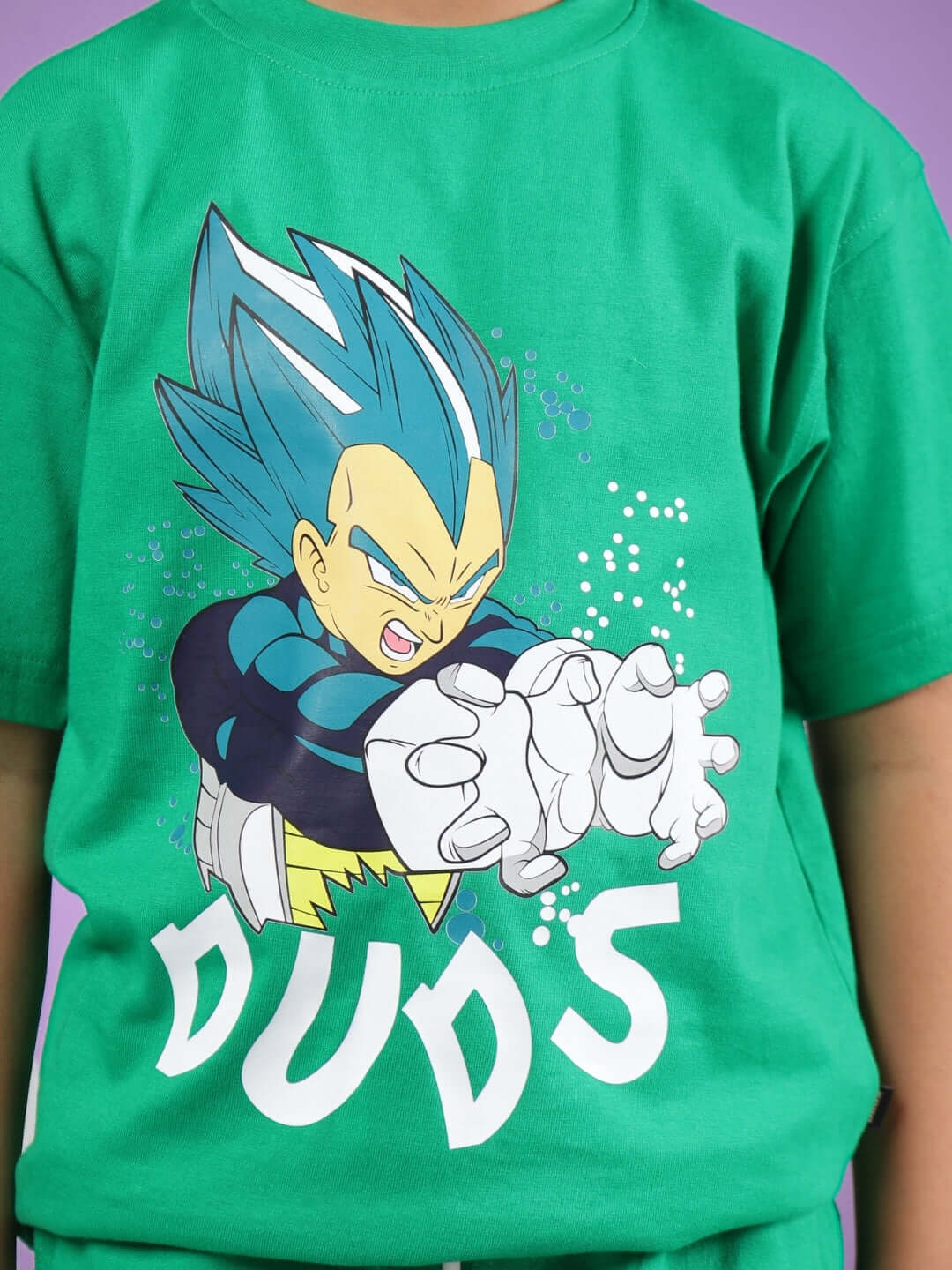 Alt Tag: Green Satoru T-shirt for boys and girls featuring a bold graphic design by DUDS.