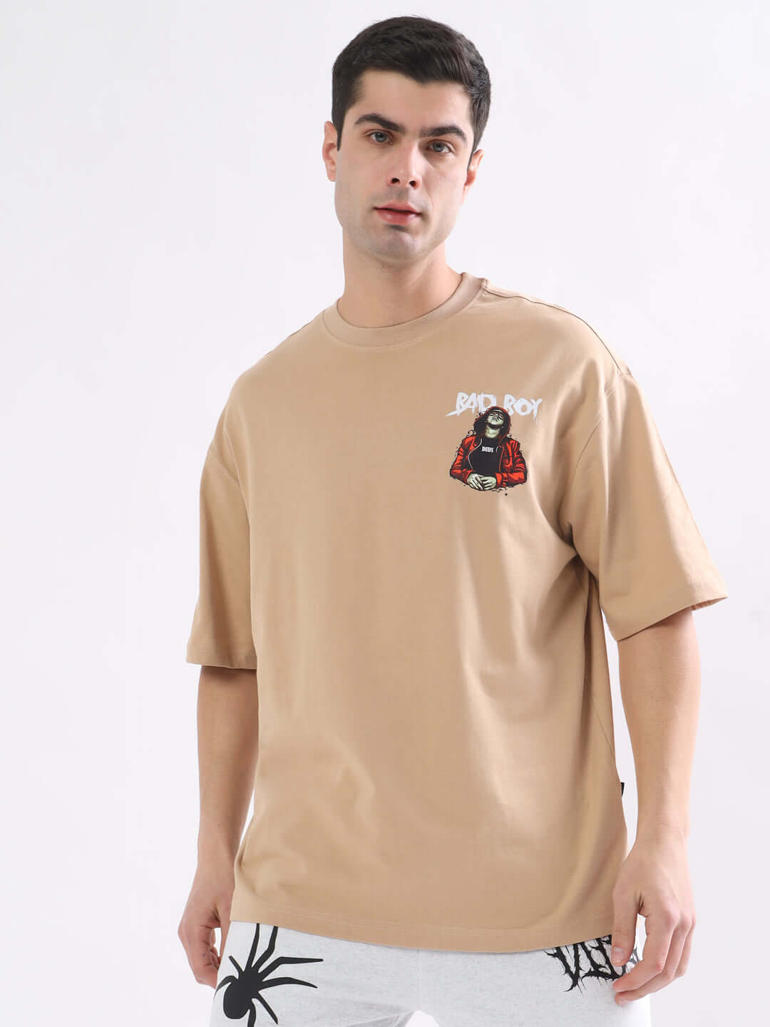BAD BOY OVER-SIZED T-SHIRT NUDE made from premium heavy gauge 100% cotton fabric, 200 GSM, bio-washed, model wearing t-shirt.