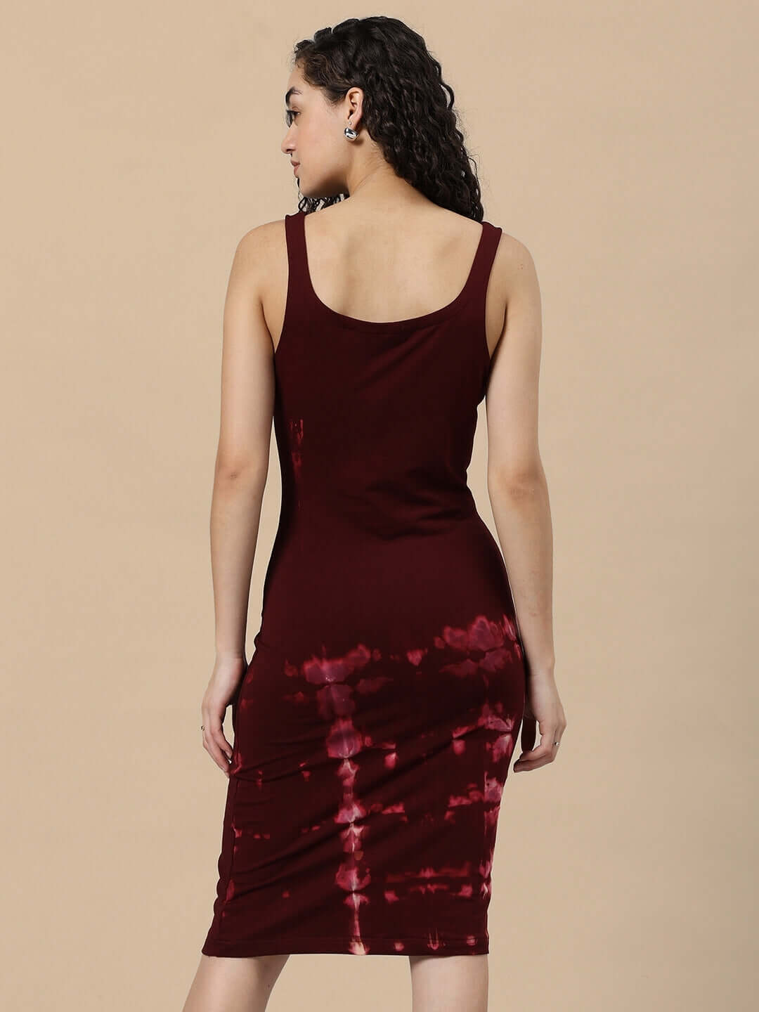 Back view of maroon women's Fergie cool tie-dye dress in premium cotton with a stylish fitted design for a chic casual look.