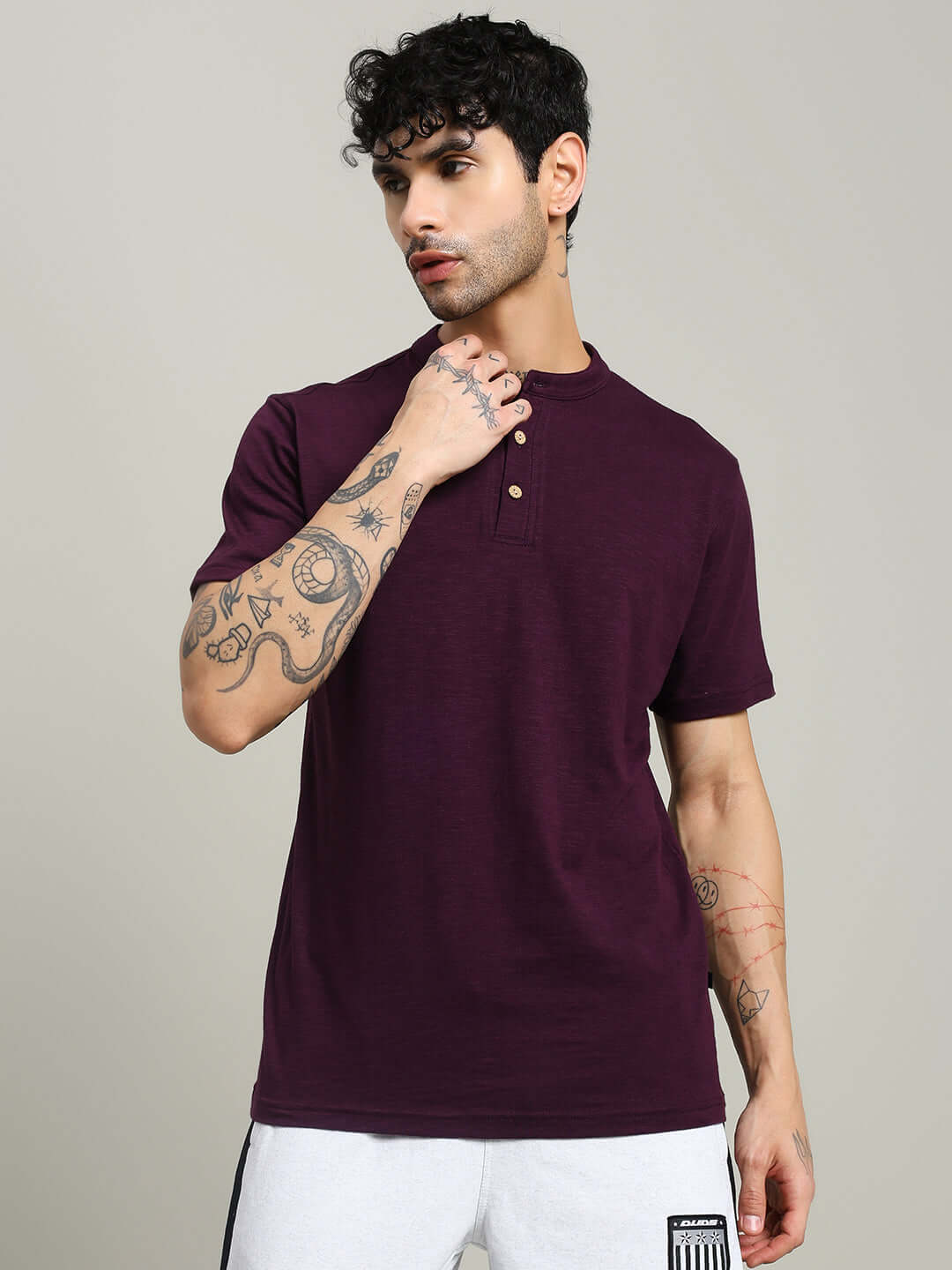 ALBET regular fit purple t-shirt made of 100% premium heavy cotton slub fabric, worn by a model, showcasing stylish yet casual fashion.