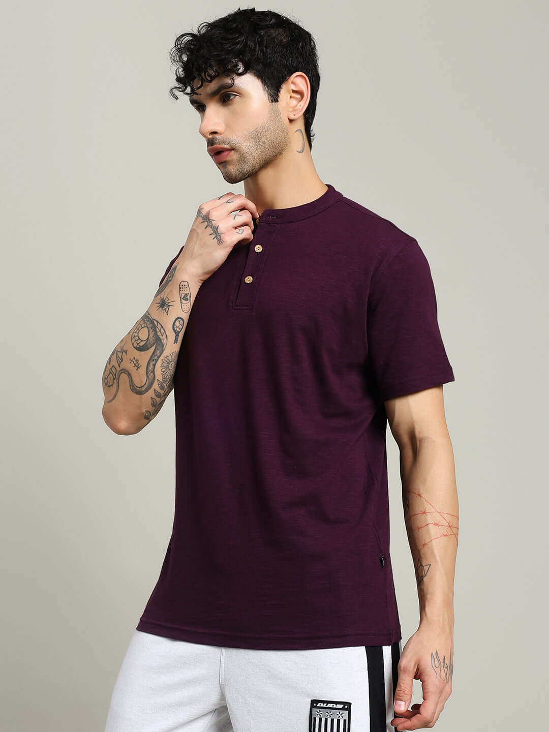 ALBET regular fit purple T-shirt in premium heavy cotton slub fabric, modeled for style and comfort.