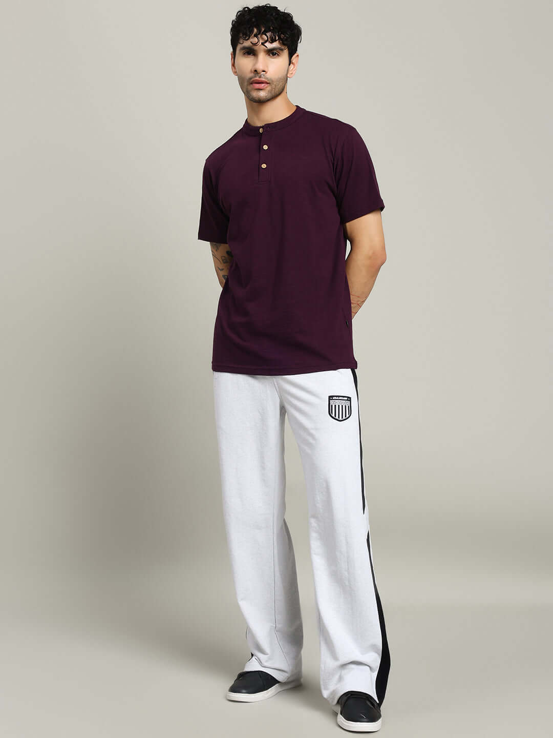 Man wearing Albet Regular Fit Purple T-Shirt in premium cotton slub, bio-washed for comfort and style.