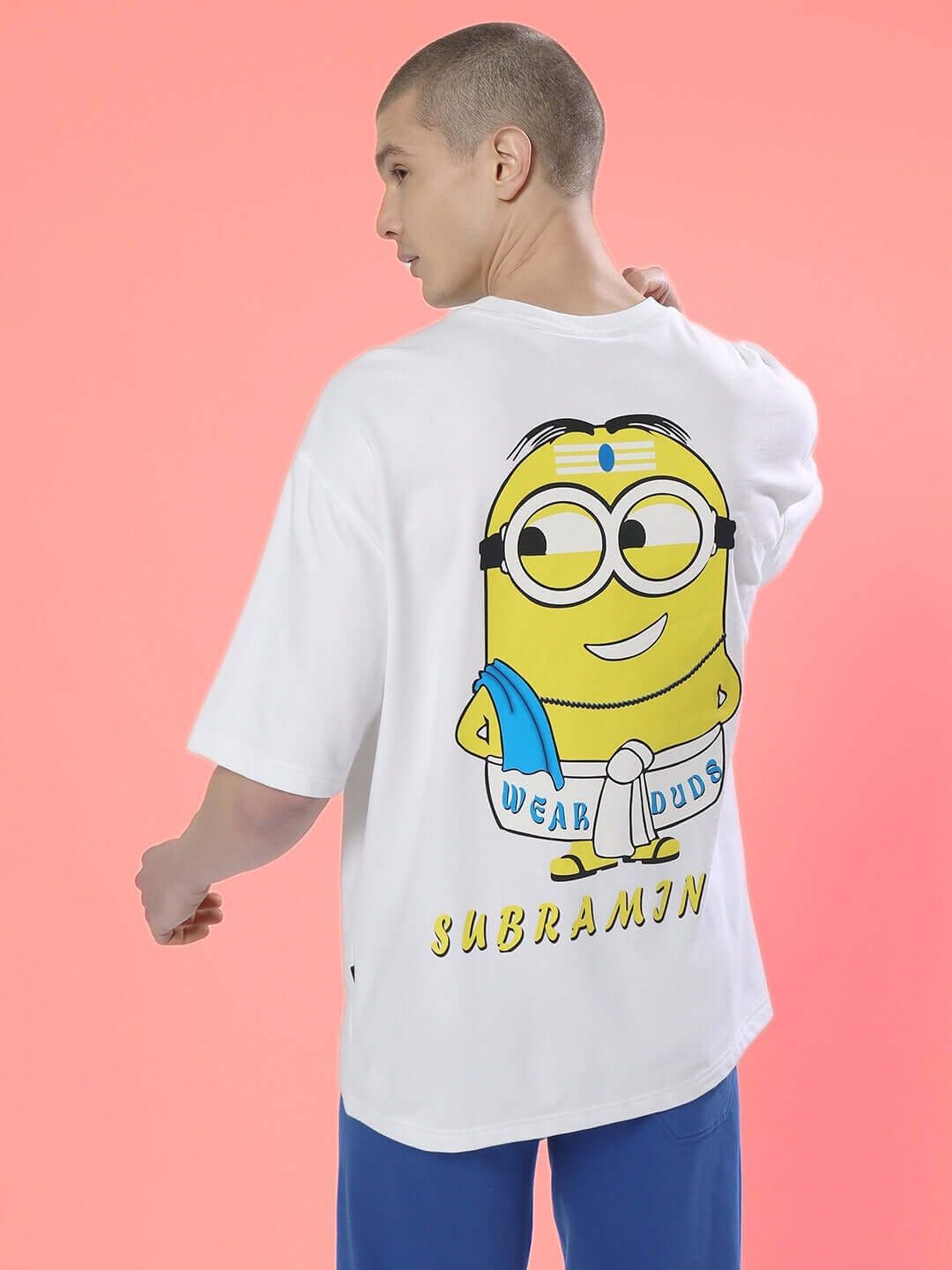 SUBRAMIN MINION OVER-SIZED T-SHIRT WHITE with cartoon print, back view, on a model, premium fabric