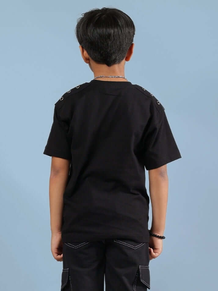 Rear view of a child wearing a black Limitless T-shirt for boys & girls, made to order with customizable fit options.