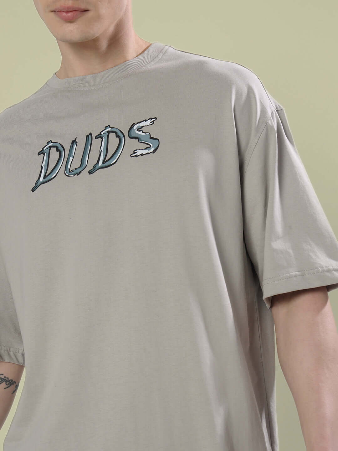 POSITIVE RABBIT OVER-SIZED T-SHIRT GREY with "DUDS" text, made from 100% cotton, bio-washed premium fabric, perfect casual wear.