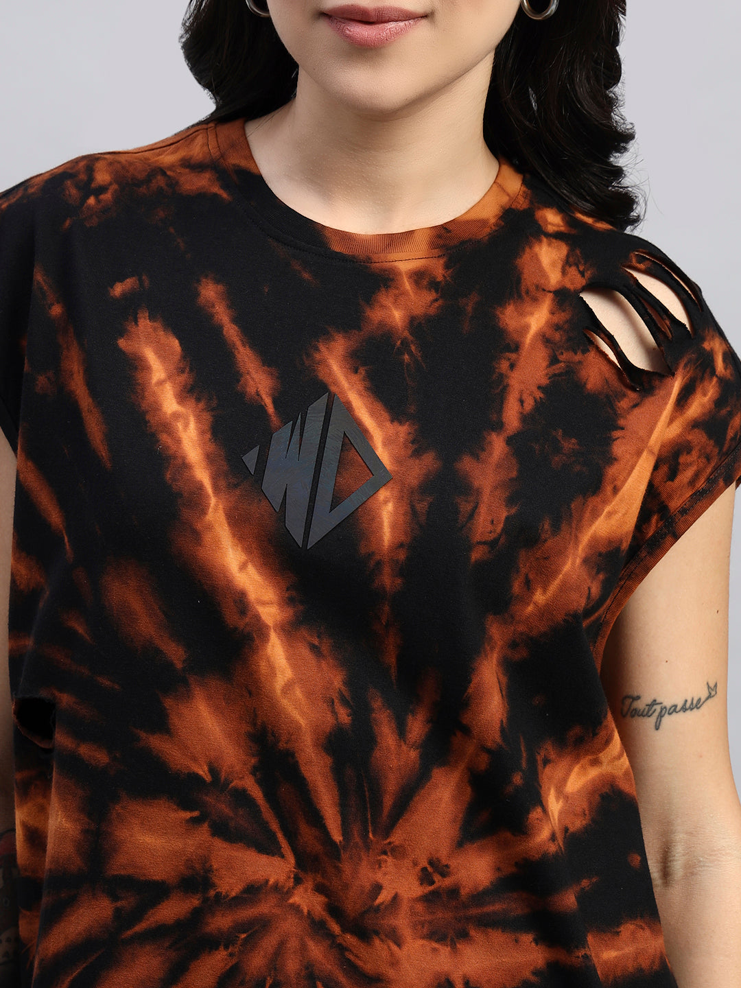 WOMEN'S MUSCLE TEE RIPPED TIE-DYE CO-ORD SET (BLACK)
