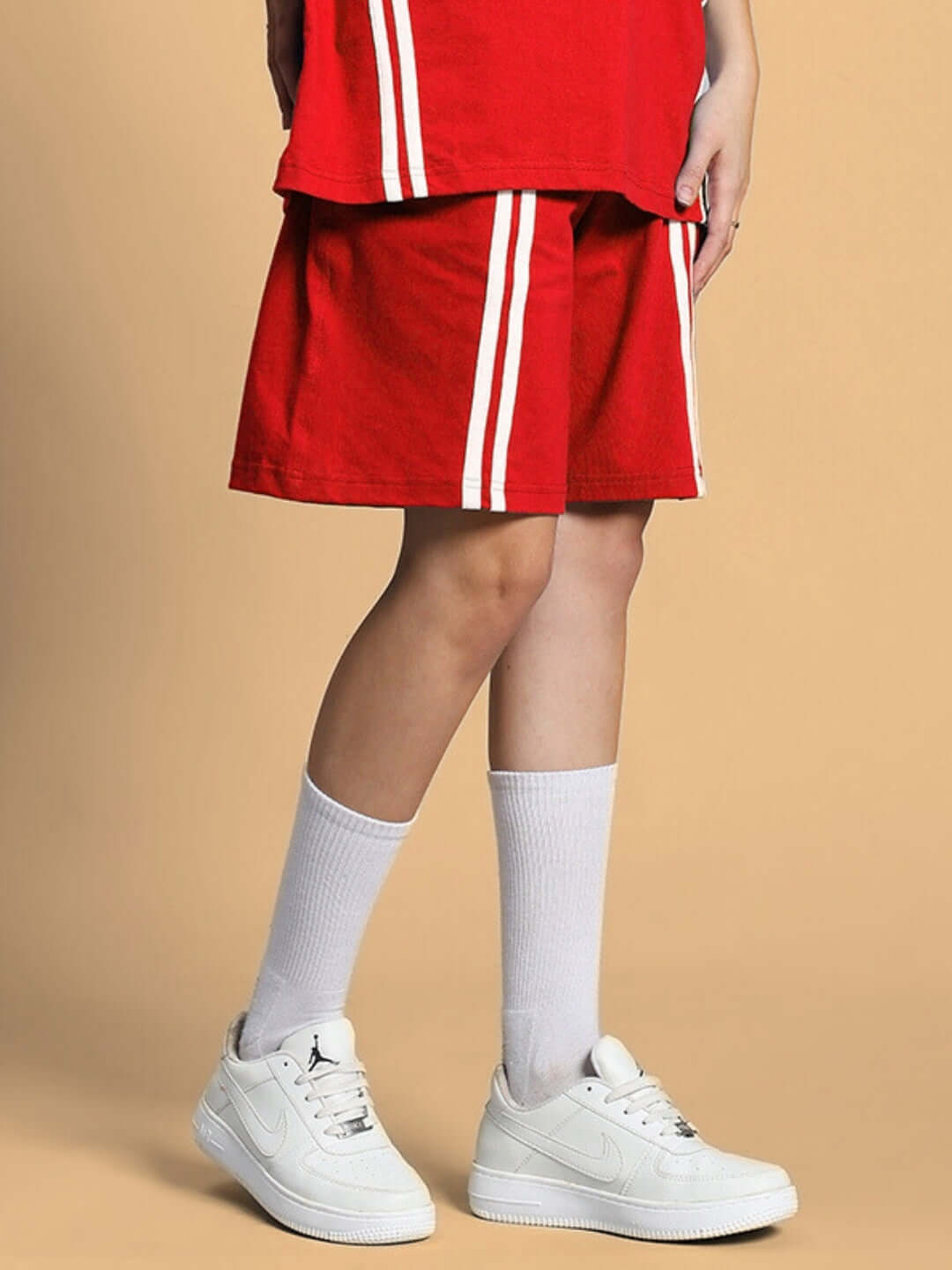 Women's Outlook Regular Fit Red Shorts with white stripes, customizable size option available for a perfect fit and comfort.