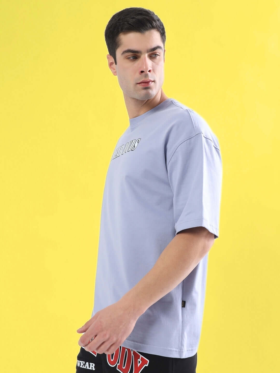 RAPPER BUNNY OVER-SIZED T-SHIRT LILAC on model, premium heavy gauge 100% cotton, bio-washed, casual streetwear fashion.