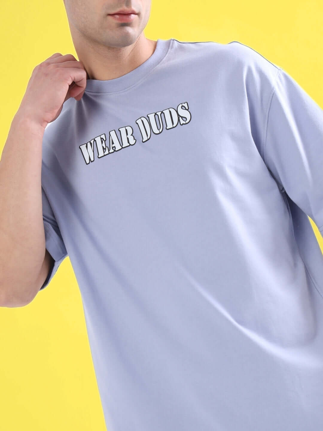 RAPPER BUNNY OVER-SIZED T-SHIRT LILAC in premium heavy gauge cotton with 'Wear Duds' print, 200 GSM bio-washed, worn by a model.