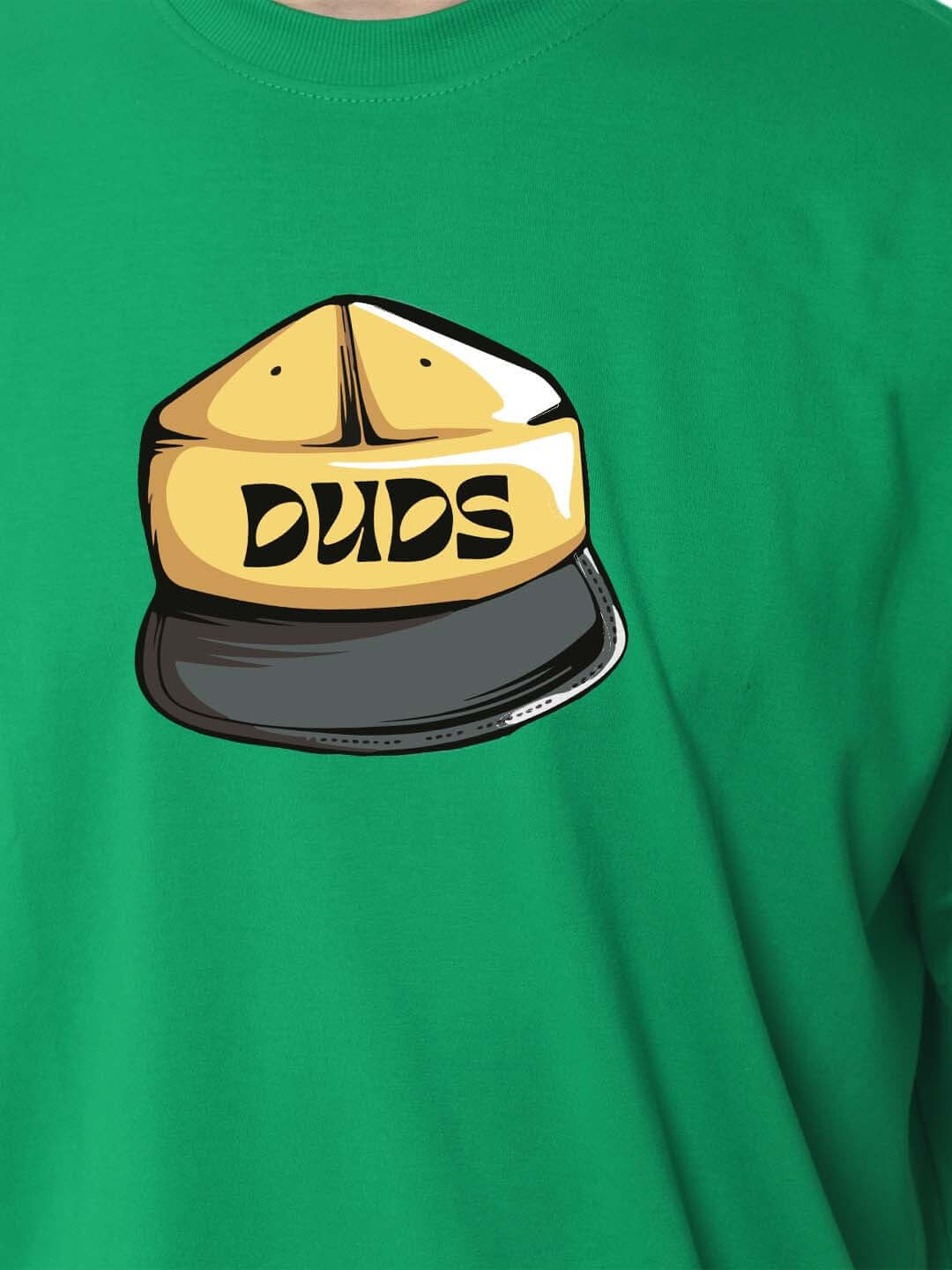 HIGH-ON OVER-SIZED T-SHIRT GREEN featuring a cap design with 'DUDS' logo.
