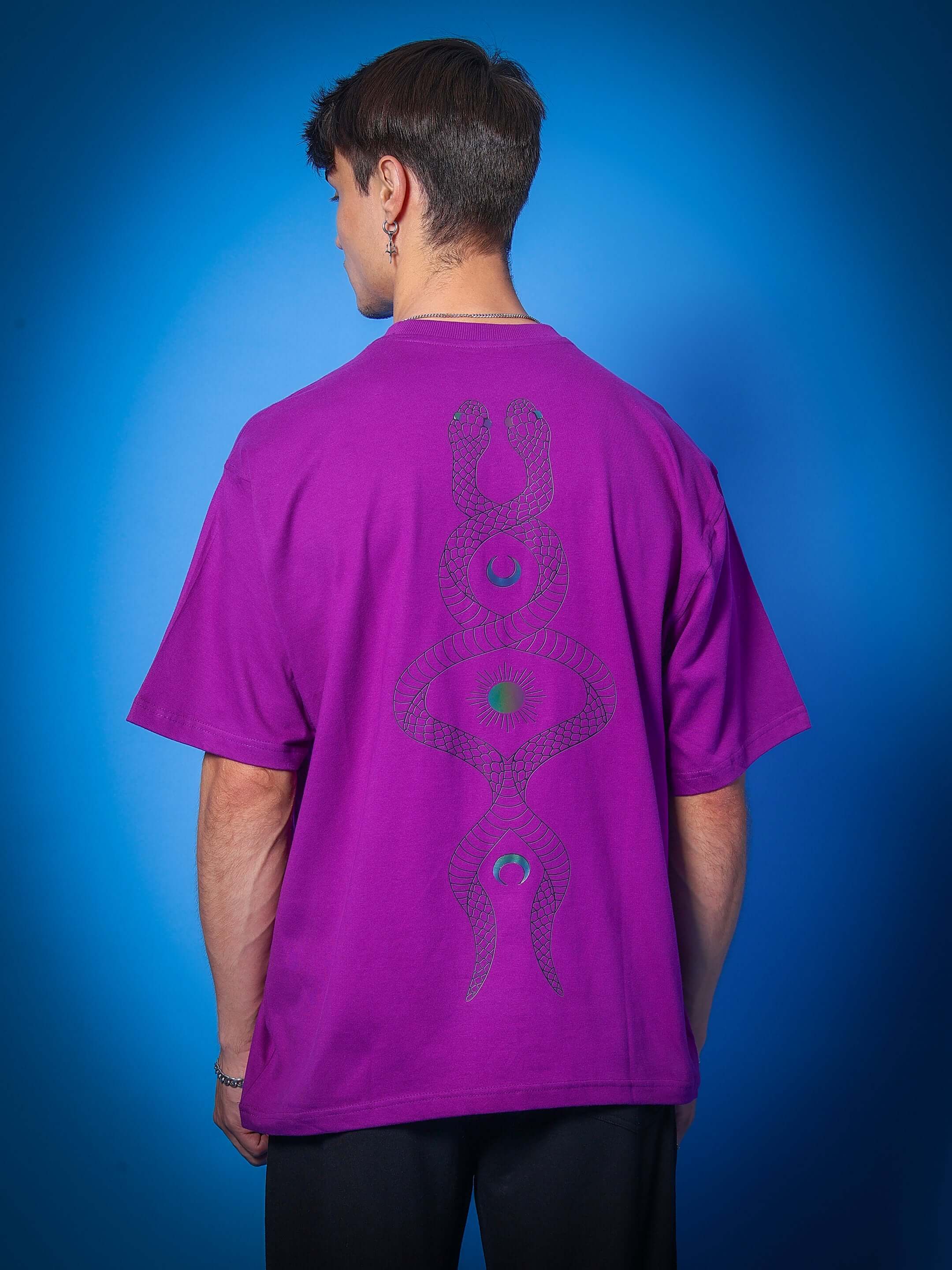 Model wearing INTERTWINED SNAKE REFLECTOR OVER-SIZED T-SHIRT PURPLE